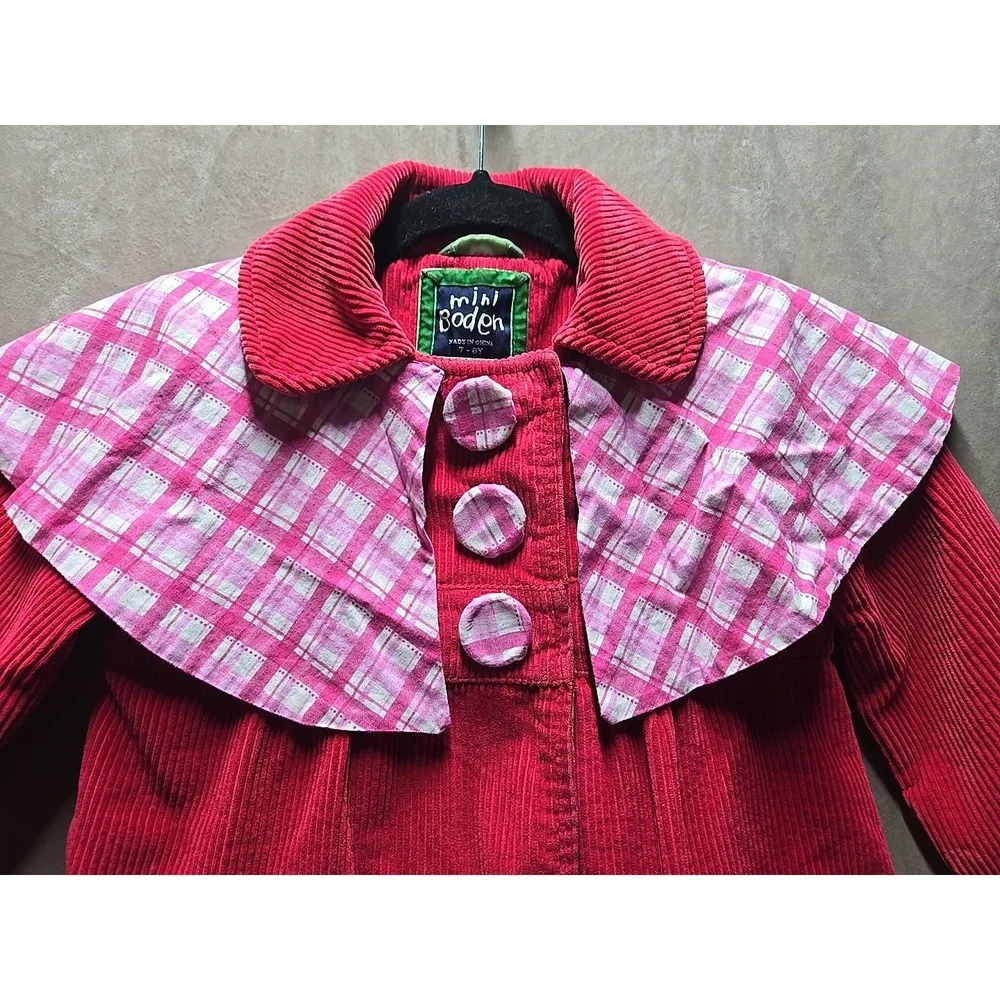 Mini Boden Girls 7 - 8 Youth Corduroy Blazer Check Cuffs Lined Jacket Red Fall
